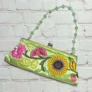Satin Beaded Clutch Spring Summer Small Green Pink Yellow Daisy Shoulder Strap